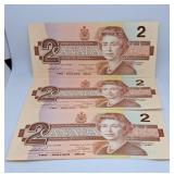 Three in a Row 1986 Canada Two Dollar Bills