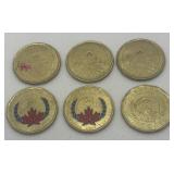 Three 2020, Three 2021 Canada One Dollar Coins.