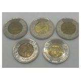 Five Canada Two Dollar Coins 2015, 2017, 2018,