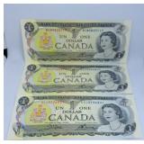 Trio of 1973 Canada One Dollar Bills