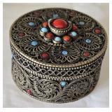 Tibetan Filigree  White Metal Trinket Box