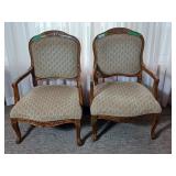 Pair of tan upholstered fabric oak arm chairs