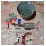 Pail of screws, angle clamp,  new rollers,