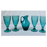 Lovely Teal Glass Pitcher & Embossed Goblets