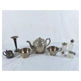 Tea pot, cream, sugar, salt & pepper shakers, etc