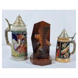 Vintage Beer Steins & Carved Wood Eagle Bookend