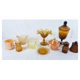 Colourful glassware lot! Covered candy dish,