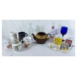 Tea pot, assorted mugs, Pepsi bottle, etc