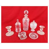 Decanter, covered candy dishes, candle holders,