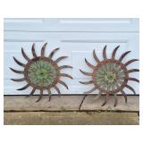 Pair of 17" metal garden art wheels / flowers