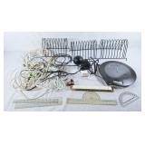 Wall clock, file organizers, assorted cords, etc