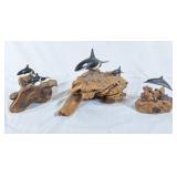 John Perry burlwood sculpture with whales and