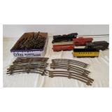 4 Marx pressed steel train cars, Mar toys engine,
