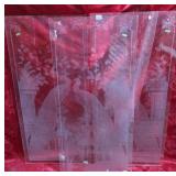 Trio of etched glass peacock panels. 22" l x 48"