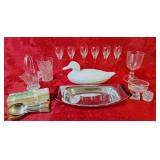 Stemware, vintage silverplated spoons, pinwheel