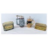 Pair of beer steins and 2 vintage tins
