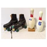2 bowling pins and 1 pair of roller skates (size