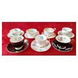 7 matching tea cups and saucers. Adderley,