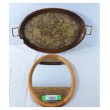 Vintage oval wooden serving tray features a