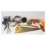 Extension cord, saw, ratchet strap, funnel, large