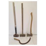 2 sledges, axe, and sickle