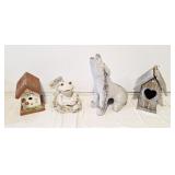 2 bird houses, 1 wolf statue, and 1 frog ornament
