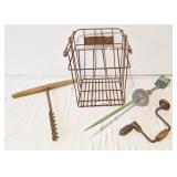 Wire basket, hand drill, auger bit, and lightning