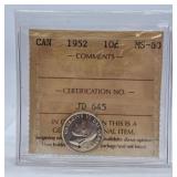ICCS Graded Mint State 1952 Canada Dime