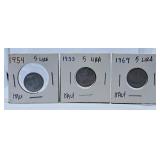 1954, 1955 and 1969 Italy Five Lira Coins