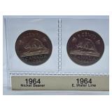Pair of 1964 Canada Nickels. One Nickel has an E.