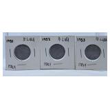 1951, 1952 and 1953 Italy Ten Lira Coins