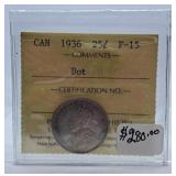 ICCS Graded Fine 1936 Canada Quarter with Dot