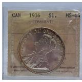 ICCS Graded Mint State 1936 Canada One Dollar