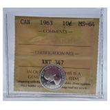 ICCS Graded Mint State 1963 Canada Dime