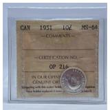 ICCS Graded Mint State 1951 Canada Dime