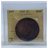 ICCS Graded Mint State 1939 Canada One Dollar
