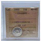 ICCS Graded Mint State 1950 Canada Dime
