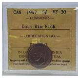 ICCS Graded Very Fine 1947 Canada Nickel with a