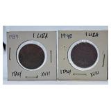1939 and 1940 Italy One Lira Coins