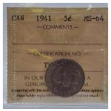 ICCS Graded Mint State 1941 Canada Nickel