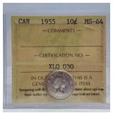 ICCS Graded Mint State 1955 Canada Dime