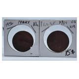 1856 and 1901 France Dix Centimes Coins