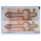 Pair of 1986 Canada Two Dollar Bills