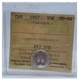 ICCS Graded Mint State 1957 Canada Dime
