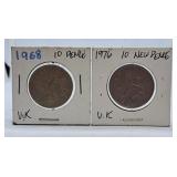 1968 and 1976 Great Britain Ten New Pence Coins