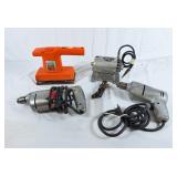 3/8" & 1/4" drills, black and decker sander, etc