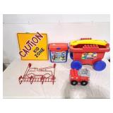 Assortment of mega blocks, wagon, caution sign,