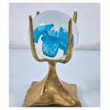 Blue Floral Paperweight in Brass Holder