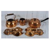 Copper pot, kettle, cup, and two lobster