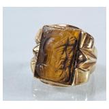 Vintage 10K Gold Carved Tiger Eye Stone Ring -